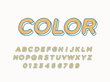 Şık trendy logo Retro Bar. 3D renkli yazı. Vintage tarzı parlak alfabe harfler, sayılar ve semboller