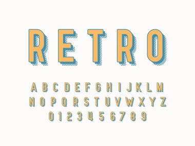 Şık trendy logo Retro Bar. 3D renkli yazı. Vintage tarzı parlak alfabe harfler, sayılar ve semboller