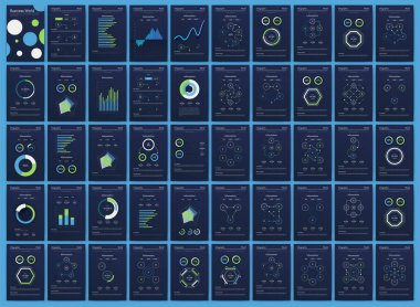 İş broşürleri için modern bilgi vektör unsurları. Web sitesinde, şirket broşürlerinde, reklamlarda ve pazarlamada kullanın. Pasta grafikleri, çizgi grafikleri, çubuk grafikleri ve zaman çizgileri.