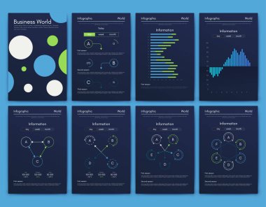 İş broşürleri için modern bilgi vektör unsurları. Web sitesinde, şirket broşürlerinde, reklamlarda ve pazarlamada kullanın. Pasta grafikleri, çizgi grafikleri, çubuk grafikleri ve zaman çizgileri.