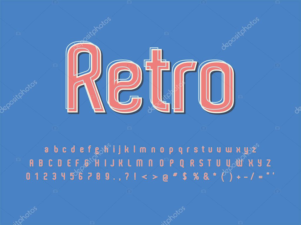 Stylish trendy logotype Retro Bar. 3D colorful Font. Vintage style bright Alphabet Letters, Numbers and Symbols