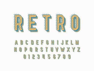 Şık trendy logo Retro Bar. 3D renkli yazı. Vintage tarzı parlak alfabe harfler, sayılar ve semboller