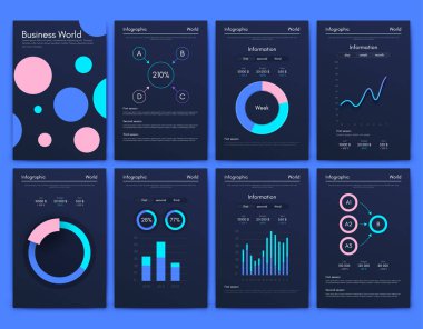 İş broşürleri için modern bilgi vektör unsurları. Web sitesinde, şirket broşürlerinde, reklamlarda ve pazarlamada kullanın. Pasta grafikleri, çizgi grafikleri, çubuk grafikleri ve zaman çizgileri.
