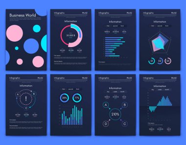 İş broşürleri için modern bilgi vektör unsurları. Web sitesinde, şirket broşürlerinde, reklamlarda ve pazarlamada kullanın. Pasta grafikleri, çizgi grafikleri, çubuk grafikleri ve zaman çizgileri.