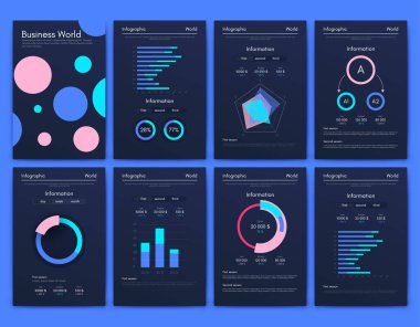 İş broşürleri için modern bilgi vektör unsurları. Web sitesinde, şirket broşürlerinde, reklamlarda ve pazarlamada kullanın. Pasta grafikleri, çizgi grafikleri, çubuk grafikleri ve zaman çizgileri.