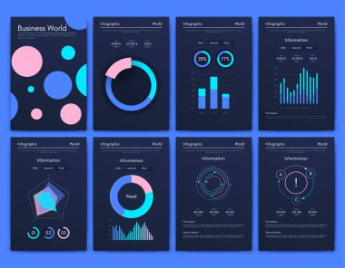 İş broşürleri için modern bilgi vektör unsurları. Web sitesinde, şirket broşürlerinde, reklamlarda ve pazarlamada kullanın. Pasta grafikleri, çizgi grafikleri, çubuk grafikleri ve zaman çizgileri.
