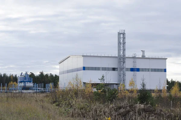 Edificio industriale situato in una zona boschiva, contro il blu s — Foto Stock