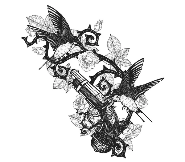 Rondini Con Pirata Pistola Vettore Tatuaggio Mano Drawing Beautiful Uccello — Vettoriale Stock