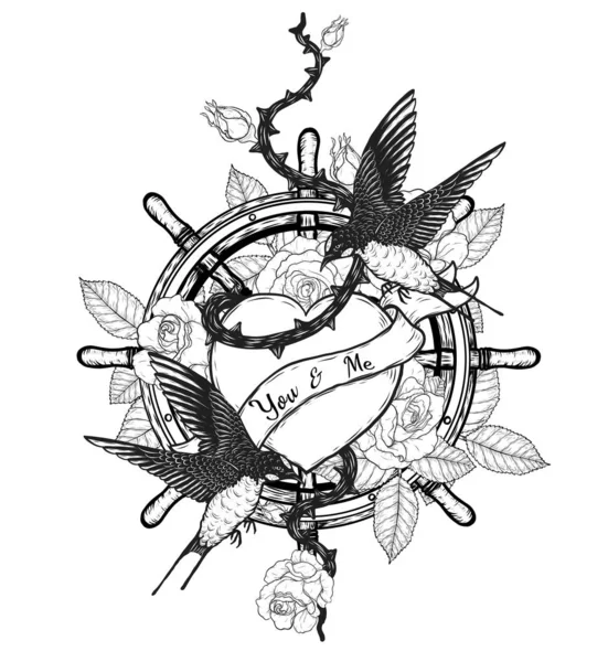 Ласточки Татуировкой Рулевом Колесе Вручную — стоковый вектор