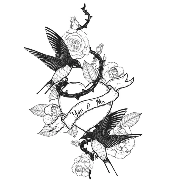 Swallows Heart Vector Tattoo Hand Drawing Beautiful Bird Rose Background — Stock Vector