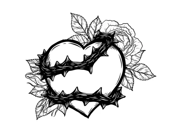 Coeur Avec Vecteur Vigne Rose Par Dessin Main Beau Tatouage — Image vectorielle