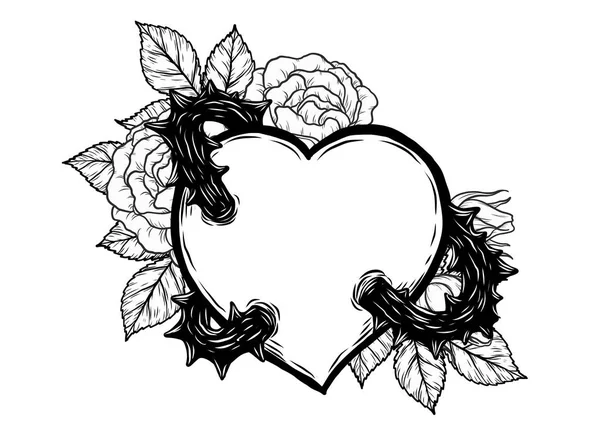 Coeur Avec Vecteur Vigne Rose Par Dessin Main Beau Tatouage — Image vectorielle