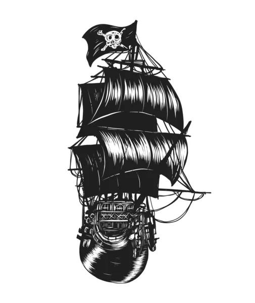 Tatuaggio Vettoriale Della Nave Pirata Con Disegno Mano Bella Immagine — Vettoriale Stock