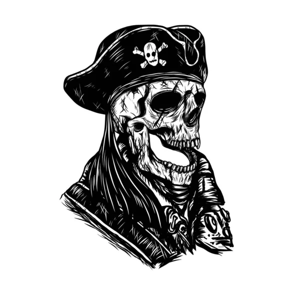 Cráneo Pirata Vector Tatuaje Por Dibujo Mano Hermoso Cráneo Sobre — Vector de stock