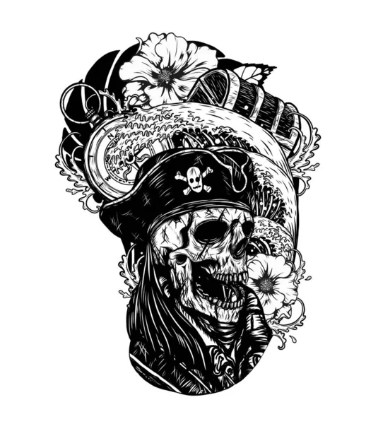 Pirátská Lebka Lodí Vektorové Tetování Ručně Kreslení Krásná Loď Vlnitém — Stockový vektor