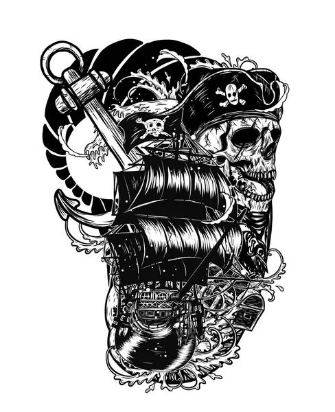 Pirátská Lebka Lodí Vektorové Tetování Ručně Kreslení Krásná Loď Vlnitém — Stockový vektor