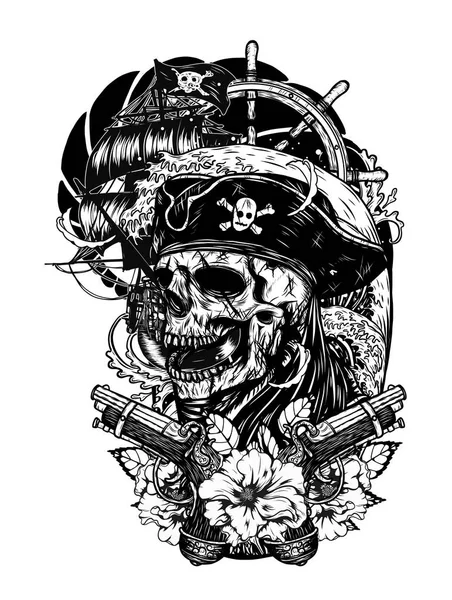 Crânio Pirata Com Tatuagem Vetor Navio Pela Mão Drawing Beautiful — Vetor de Stock