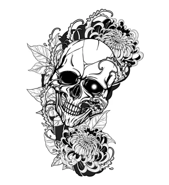 菊の入れ墨を手描きで頭蓋骨 日本のラインアートスタイルで非常に詳細なタトゥーアート — ストックベクタ