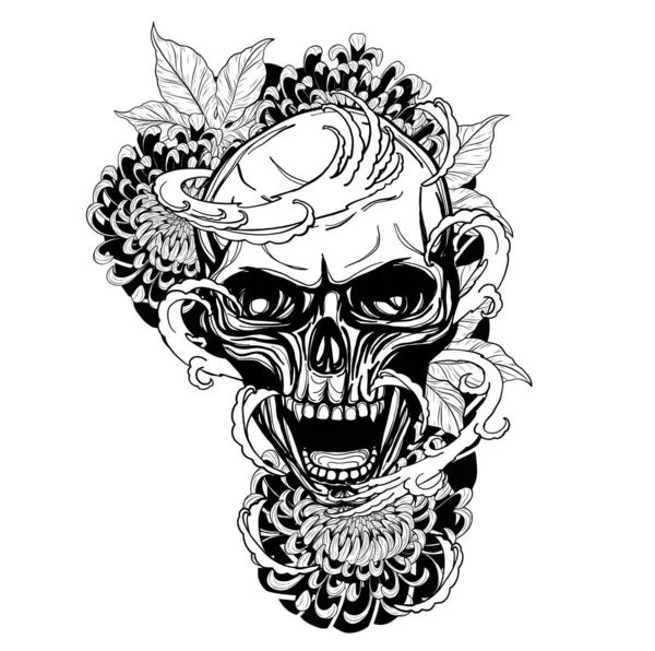 Череп Татуюванням Хризантемі Ручним Малюнком Татуювання Мистецтва Високо Деталізовані Японському — стоковий вектор