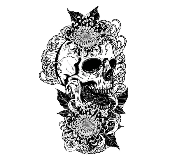 Cráneo Con Tatuaje Crisantemo Por Dibujo Mano Arte Del Tatuaje — Vector de stock