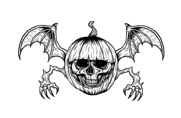 Crânio Com Tatuagem Abóbora Halloween Pela Mão Drawing Skull Tatuagem — Vetor de Stock