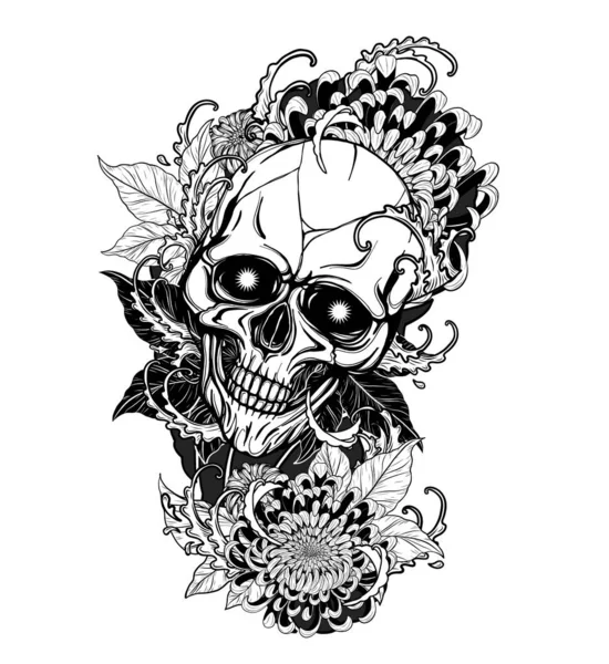 Crânio Com Tatuagem Crisântemo Mão Drawing Tattoo Arte Altamente Detalhada — Vetor de Stock