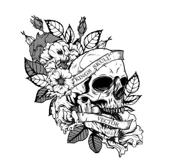 Calavera Con Tatuaje Las Rosas Por Dibujo Mano Arte Del — Vector de stock