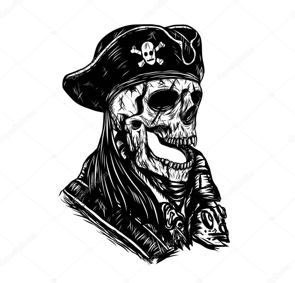 Pirate skull vector tattoo by hand drawing.Beautiful skull on white background.Black and white graphics design art highly detailed in line art style.