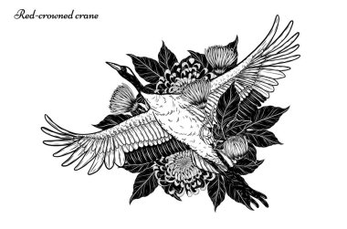 El çizimiyle çiçek vektörü ile kırmızı taçlı turna. Beyaz arka planda güzel bir kuş. Grus japonensis sanatı çizgi sanatında son derece detaylı. Dövme veya duvar kağıdı için Çin kuşu..