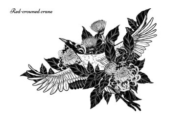 El çizimiyle çiçek vektörü ile kırmızı taçlı turna. Beyaz arka planda güzel bir kuş. Grus japonensis sanatı çizgi sanatında son derece detaylı. Dövme veya duvar kağıdı için Çin kuşu..