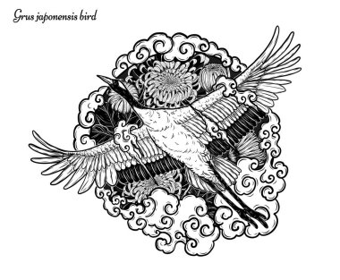 El çizimiyle çiçek vektörü ile kırmızı taçlı turna. Beyaz arka planda güzel bir kuş. Grus japonensis sanatı çizgi sanatında son derece detaylı. Dövme veya duvar kağıdı için Çin kuşu..