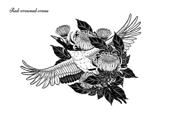 Gru Corona Rossa Con Vettore Fiori Mano Disegno Bellissimo Uccello — Vettoriale Stock