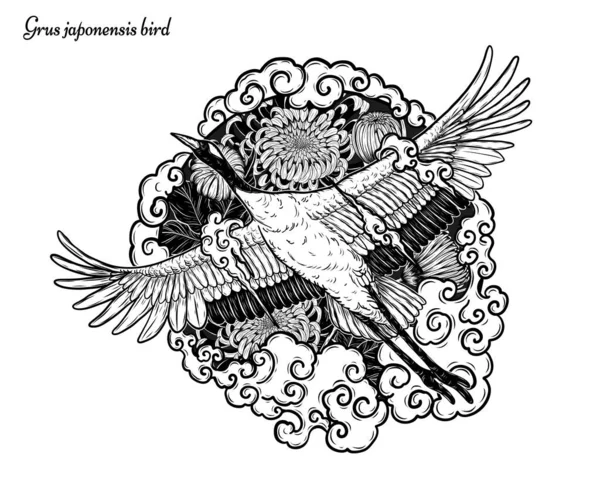 Gru Corona Rossa Con Vettore Fiori Mano Disegno Bellissimo Uccello — Vettoriale Stock