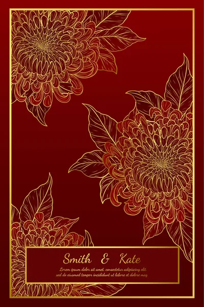 红色背景上的菊花复古卡片 菊花手工提花 花卉复古艺术风格非常细致 — 图库矢量图片