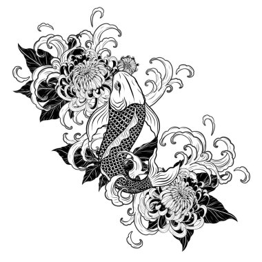 El çizimiyle çiçek dövmeli koi balığı. Dövme sanatı çok detaylı..