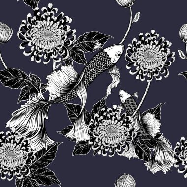 Koi balığı ve kasımpatı el çizimiyle kusursuz desen. Dövme sanatı, sanat tarzında son derece detaylı. Batik kumaşında balık ve çiçek deseni var..