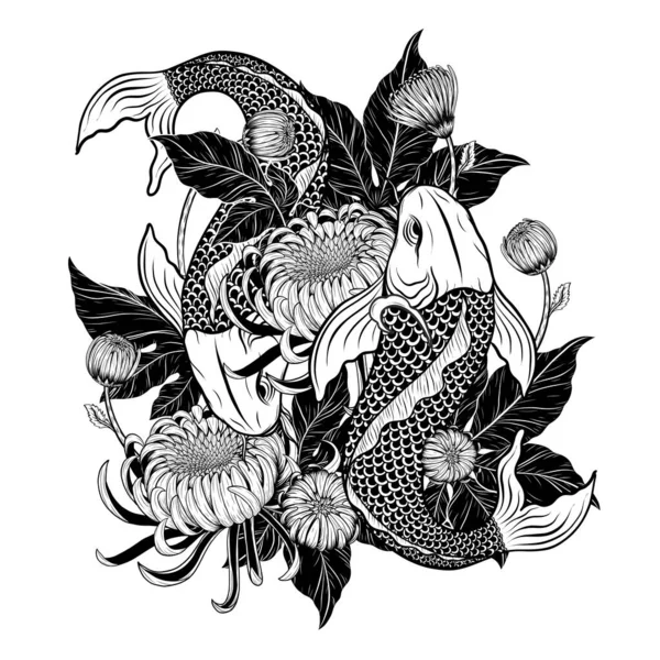 Peixe Koi Com Tatuagem Flor Mão Drawing Tattoo Arte Altamente —  Vetores de Stock