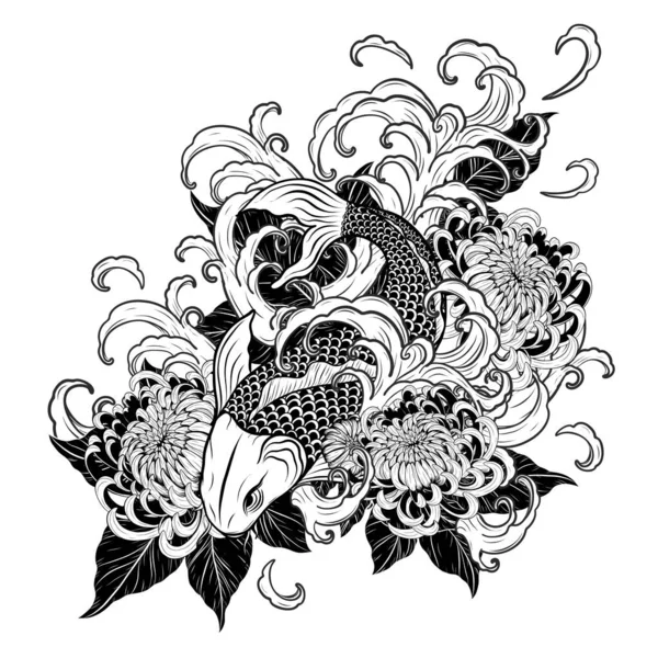 Çizimiyle Çiçek Dövmeli Koi Balığı Dövme Sanatı Çok Detaylı — Stok Vektör
