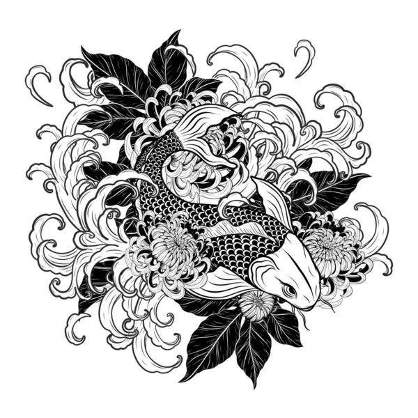 Koi Peces Con Tatuaje Flores Por Dibujo Mano Tattoo Arte — Vector de stock