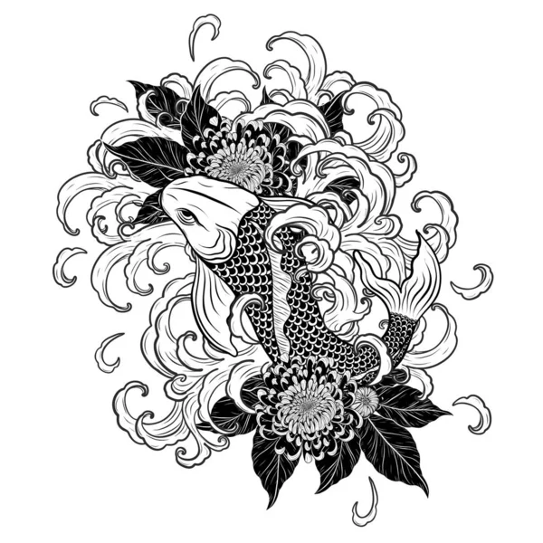 Peixe Koi Com Tatuagem Flor Mão Drawing Tattoo Arte Altamente —  Vetores de Stock