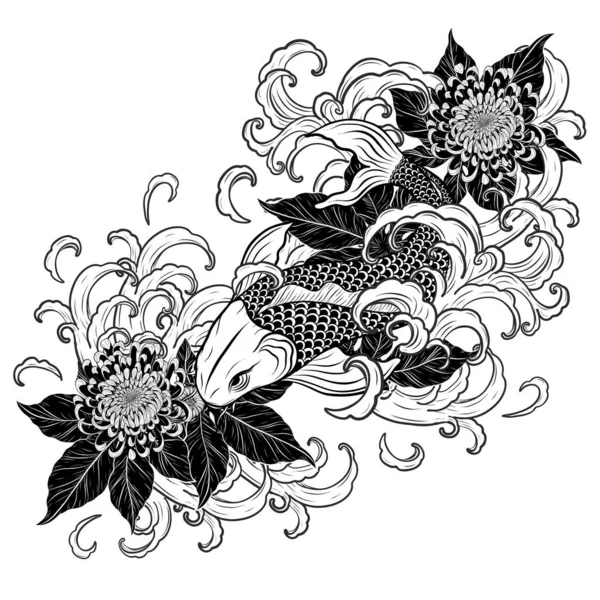 Koi Peces Con Tatuaje Flores Por Dibujo Mano Tattoo Arte — Archivo Imágenes Vectoriales
