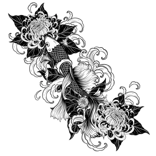 Koi Peces Crisantemo Tatuaje Por Dibujo Mano Tattoo Arte Altamente — Archivo Imágenes Vectoriales