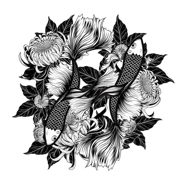 Koi Balığı Kasımpatı Dövmesi Elle Çizilmiş Dövme Sanatı Çok Detaylı — Stok Vektör