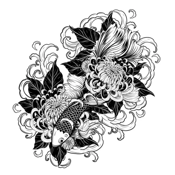 Koi Vis Chrysant Tatoeage Met Hand Tekenen Tatoeëren Kunst Zeer — Stockvector