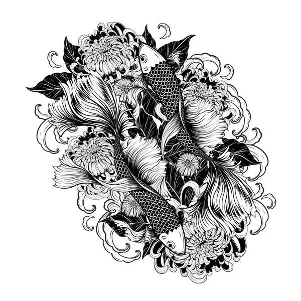 Koi Peces Crisantemo Tatuaje Por Dibujo Mano Tattoo Arte Altamente — Archivo Imágenes Vectoriales