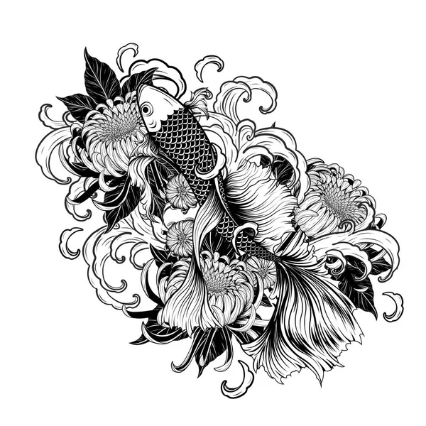 Koi Fish Chrysanthemum Tattoo Hand Drawing Tattoo Art Highly Detailed — Stock Vector