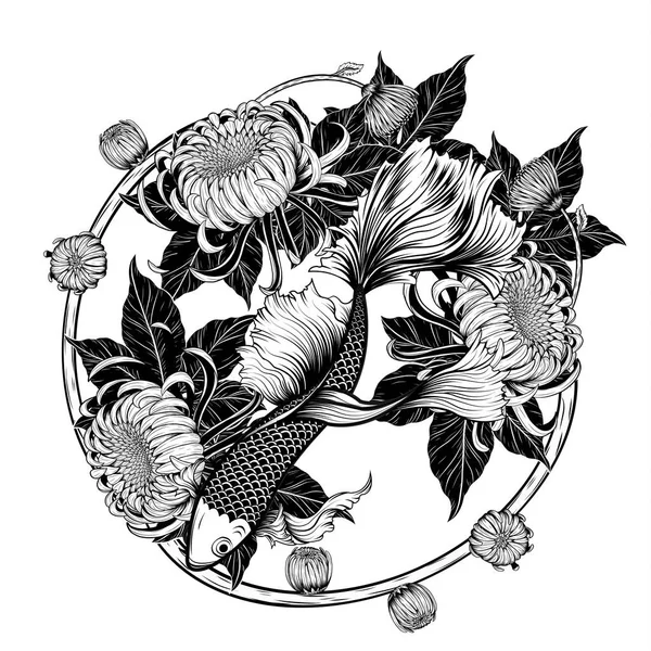 Koi Peces Crisantemo Tatuaje Por Dibujo Mano Tattoo Arte Altamente — Archivo Imágenes Vectoriales