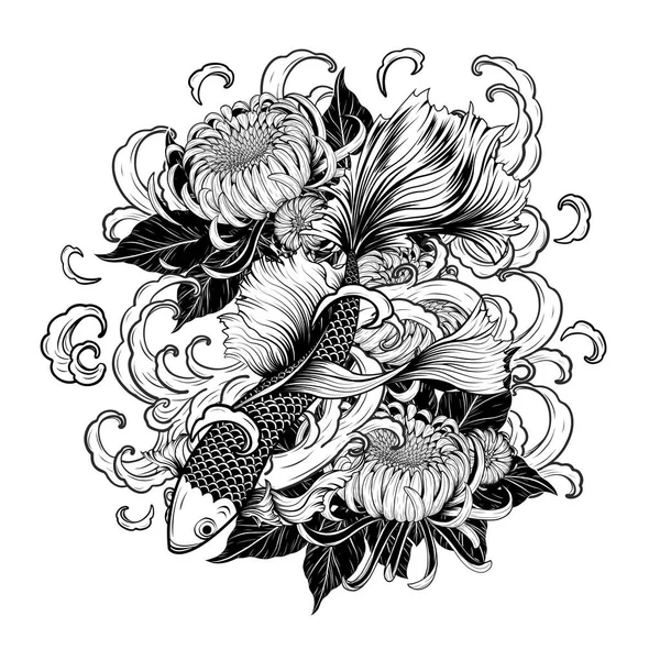 Koi Fish Chrysanthemum Tats Hand Drawing Tattoo Art High Specificted — 스톡 벡터