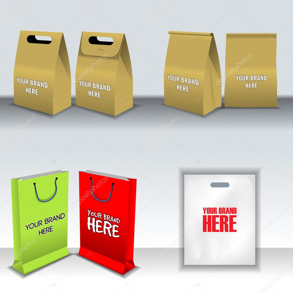 Digital vector recycle brown paper bags mockup, hand held, shoppig bag set, ready for your logo and design, flat style