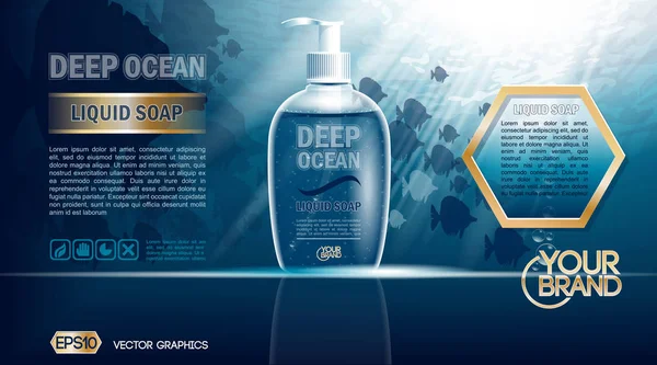 Digitální vektorová modrý hluboký oceán tekutého mýdla maketa — Stockový vektor
